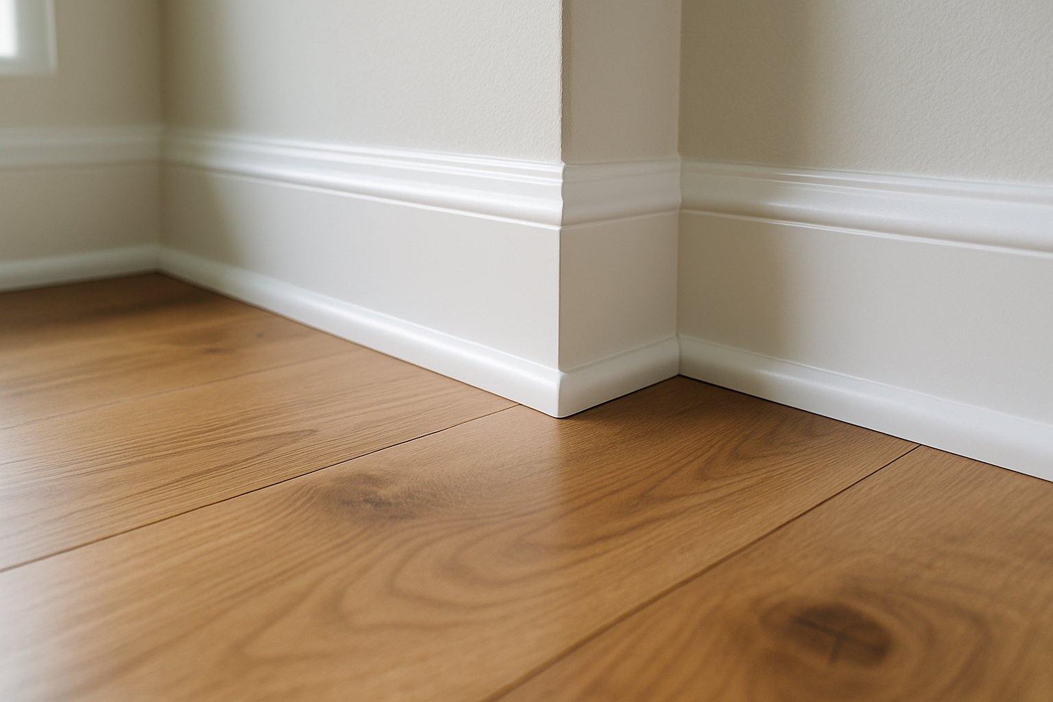 Crisp white baseboard and trim above a new plank floor