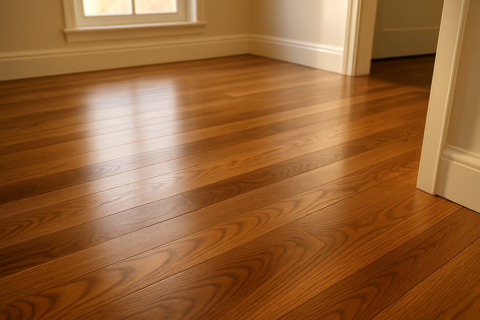 Freshly installed natural hardwood flooring with rich grain