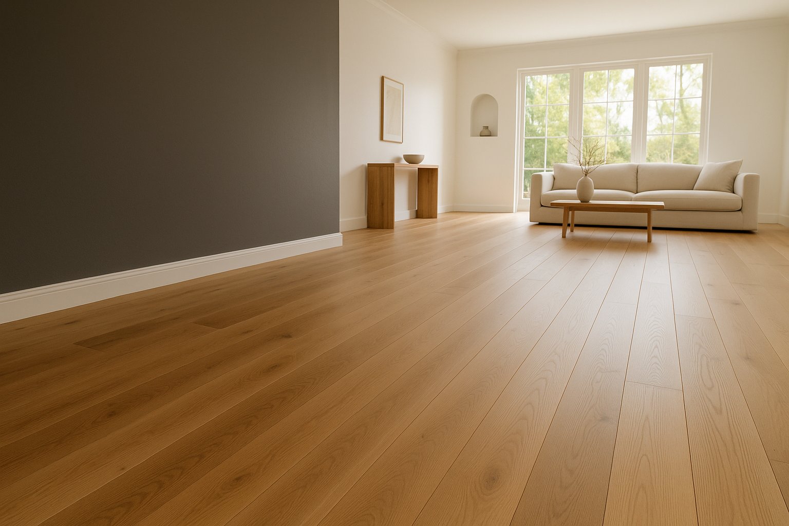Freshly installed wide-plank floor in a bright California living room