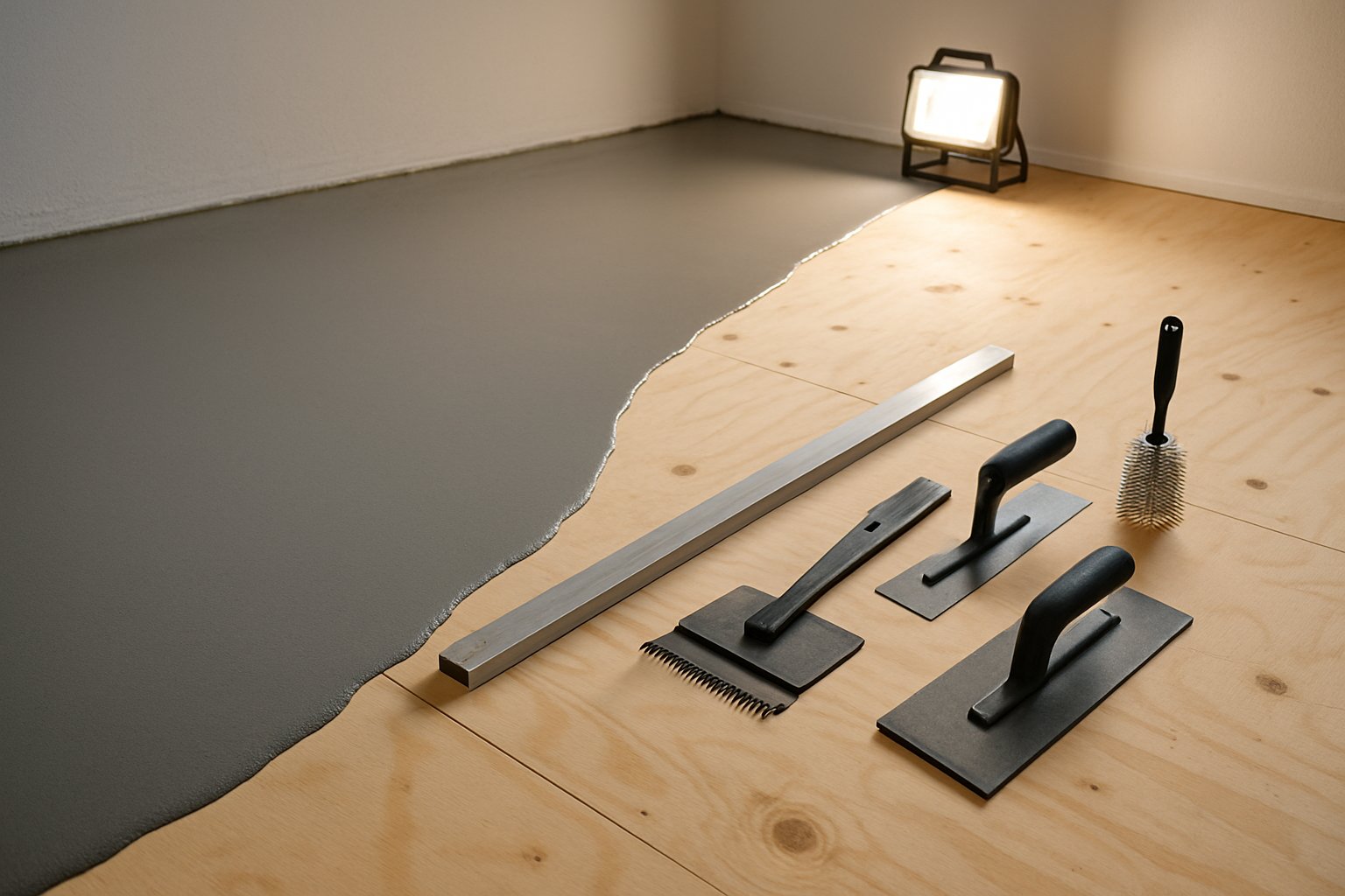 Clean subfloor preparation with leveling compound and tools