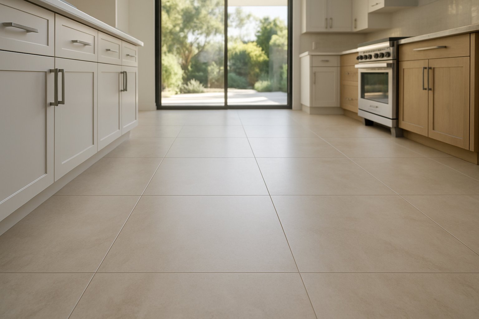 Large-format tile floor with even grout lines